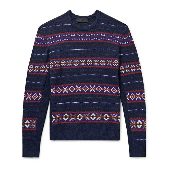 Rag & Bone Men's Wesley Fair Isle Navy Wool Sweater Size M (MSRP $395) - Picture 1 of 6